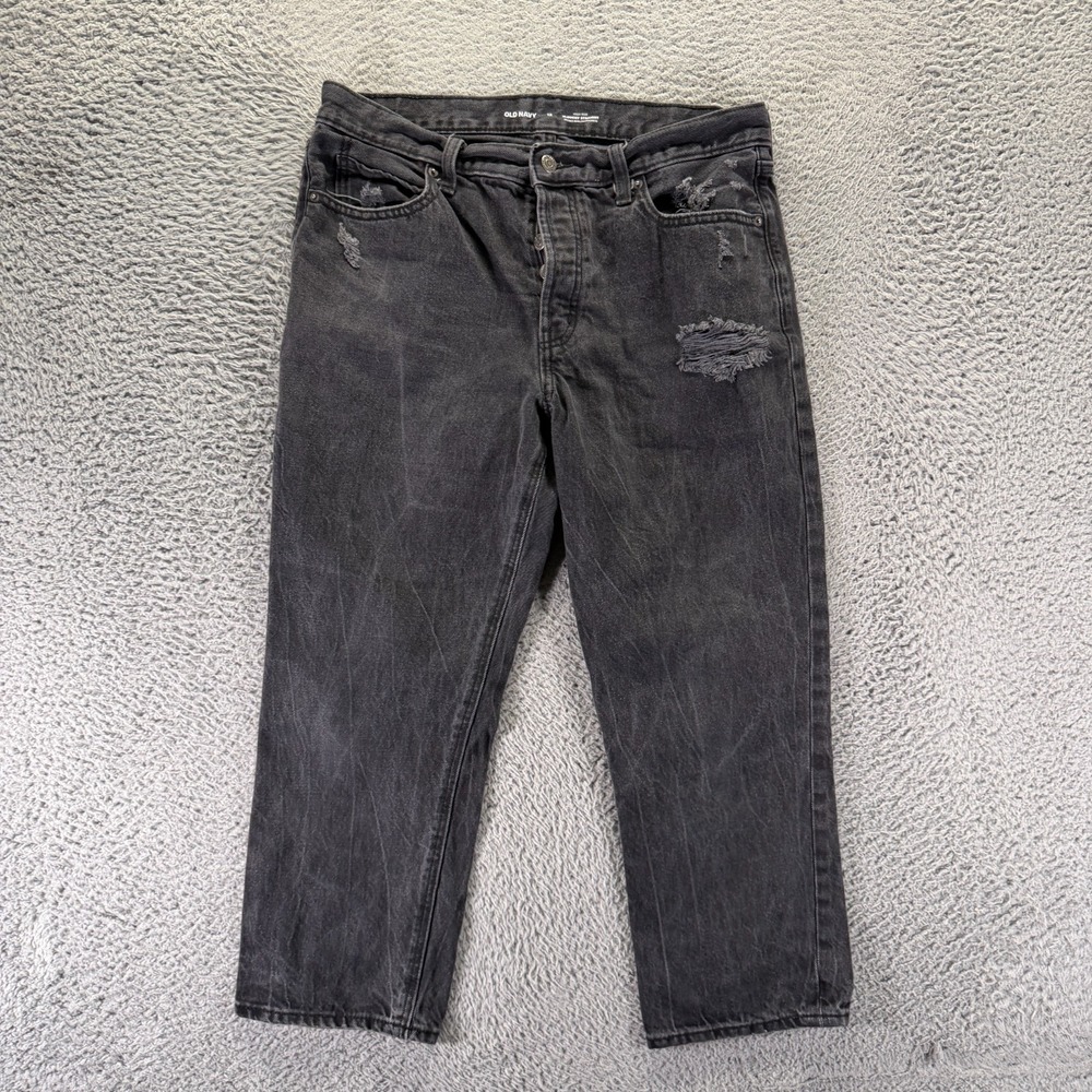 Old Navy Slouchy Jeans Womens 12 Black Cotton Denim Straight Distressed Stretch